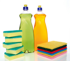 Cleaning products including sponges and bottles of detergent