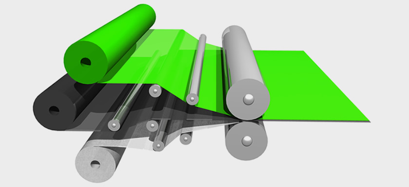 Rollers showing three layered lamination process Rollers showing three layered lamination process